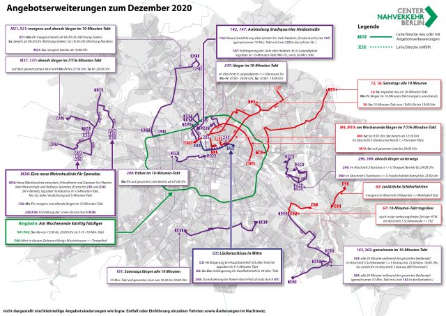 Das Bild stellt alle Angebotsmaßnahmen im ÖPNV dar, die zum Dezember 2020 auf den Linien von BVG und S-Bahn Berlin umgesetzt wurden.